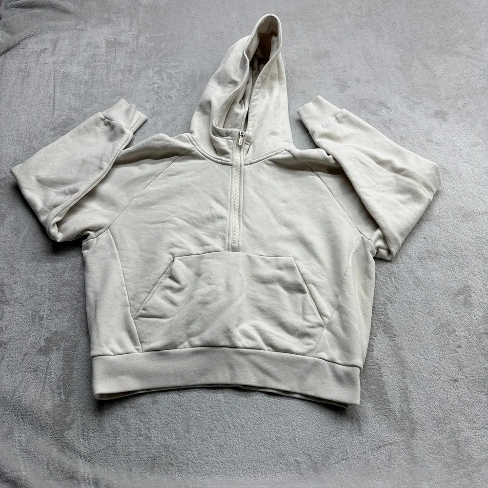 Athleta Coaster Luxe Hoodie Womens Medium Cream Quarter Zip Fleece Pullover Cozy
